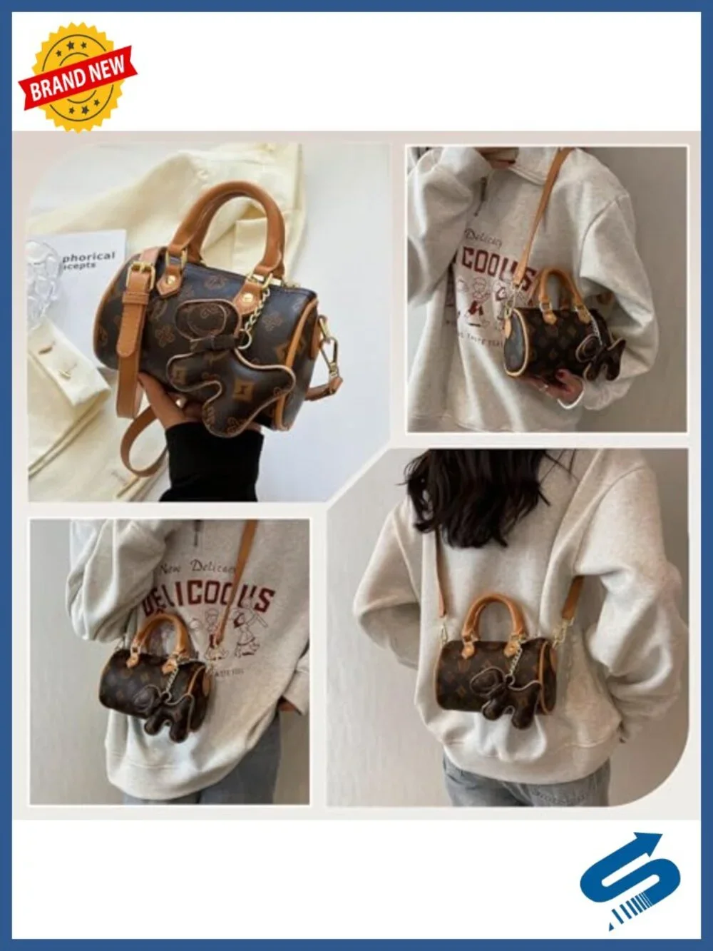 Cartoon Print Boston Satchel Crossbody Bag with Detachable Dog Pendant Faux